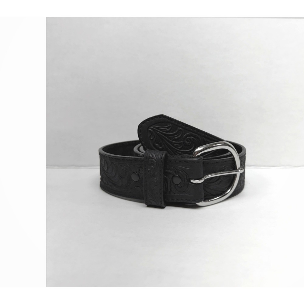 Justin Mens Black Floral Embossed Leather Western Belt 36 Silver Buckle 53903
